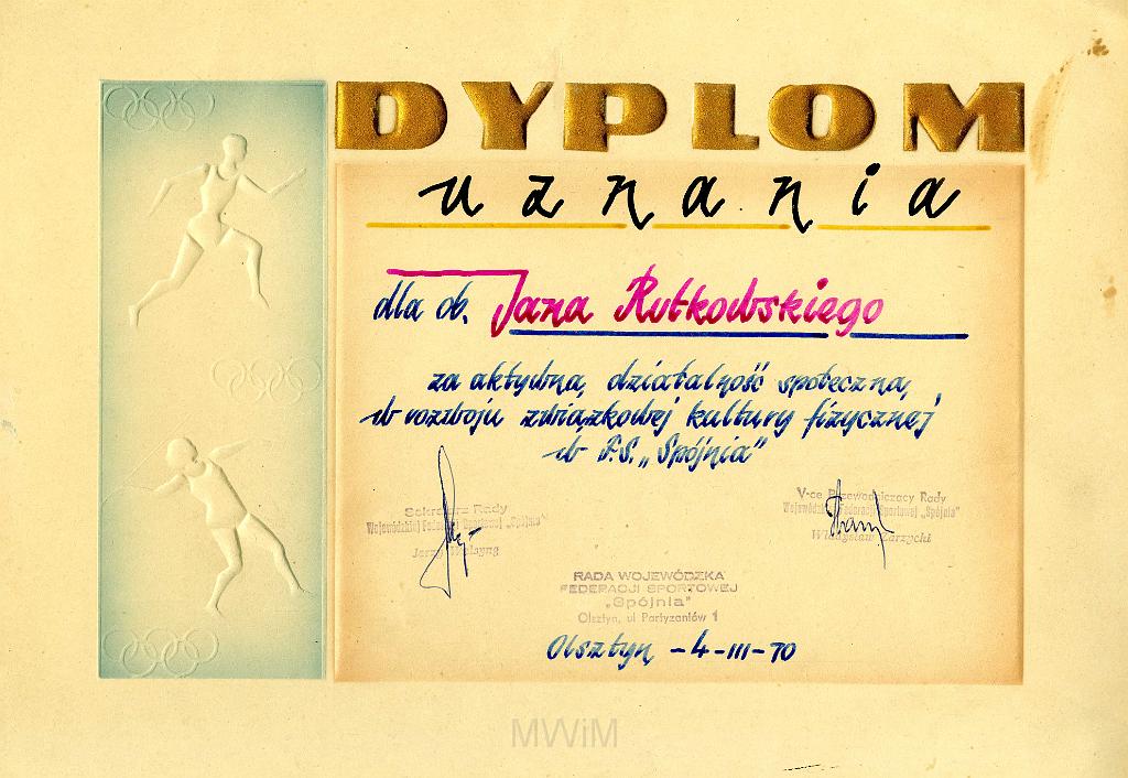 KKE 3224.jpg - Dyplom, Jana Rutkowskiego za działalność społeczną w F.S. Spójnia, Olsztyn, 1970 r.